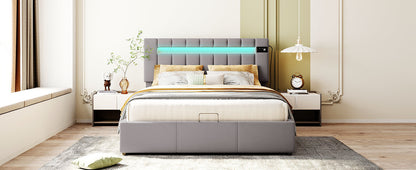Velvet Upholstered Hydraulic Storage Bed with LED light, Bluetooth Player, and USB Charging