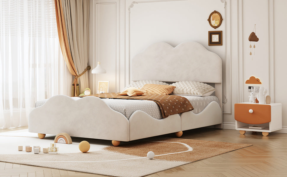 upholstered bed with cloud shaped bed board, beige