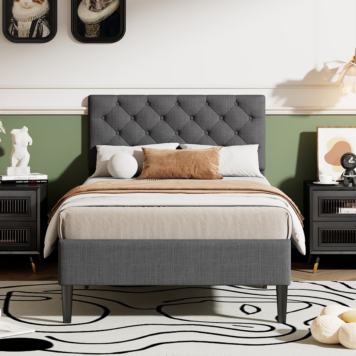 upholstered linen platform bed, gray