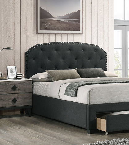 Burlap Bed with Drawer Button Tufted Headboard +Storage, Charcoal