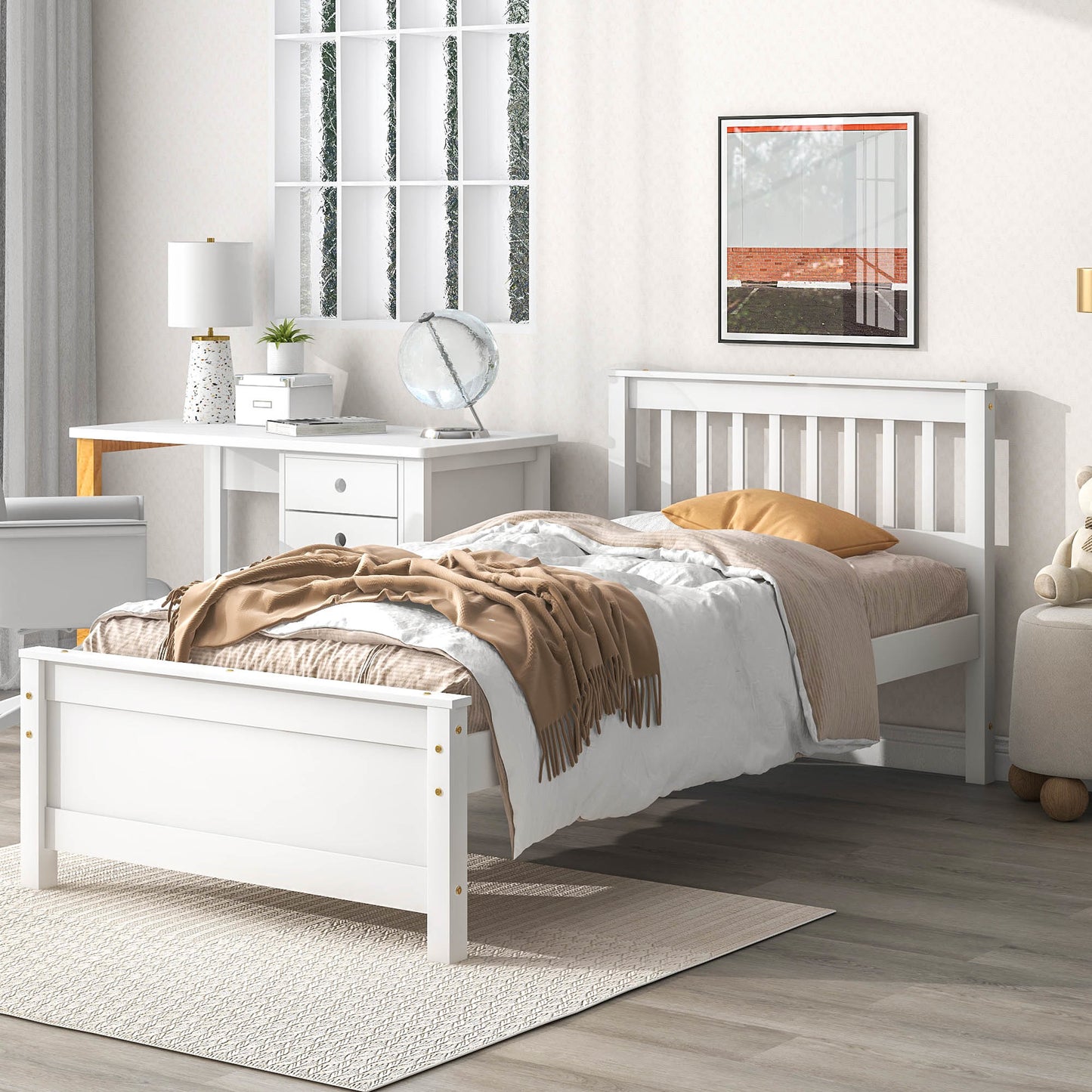 twin bed with headboard & nightstand, white