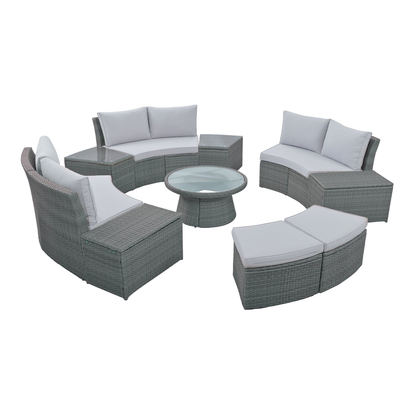 10-piece outdoor sectional half round patio rattan sofa set, light gray