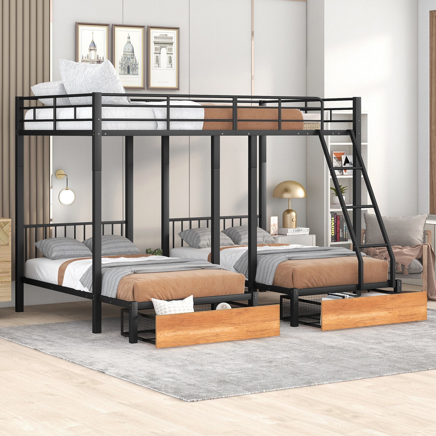 full over twin & twin bunk bed with drawers and guardrails, black