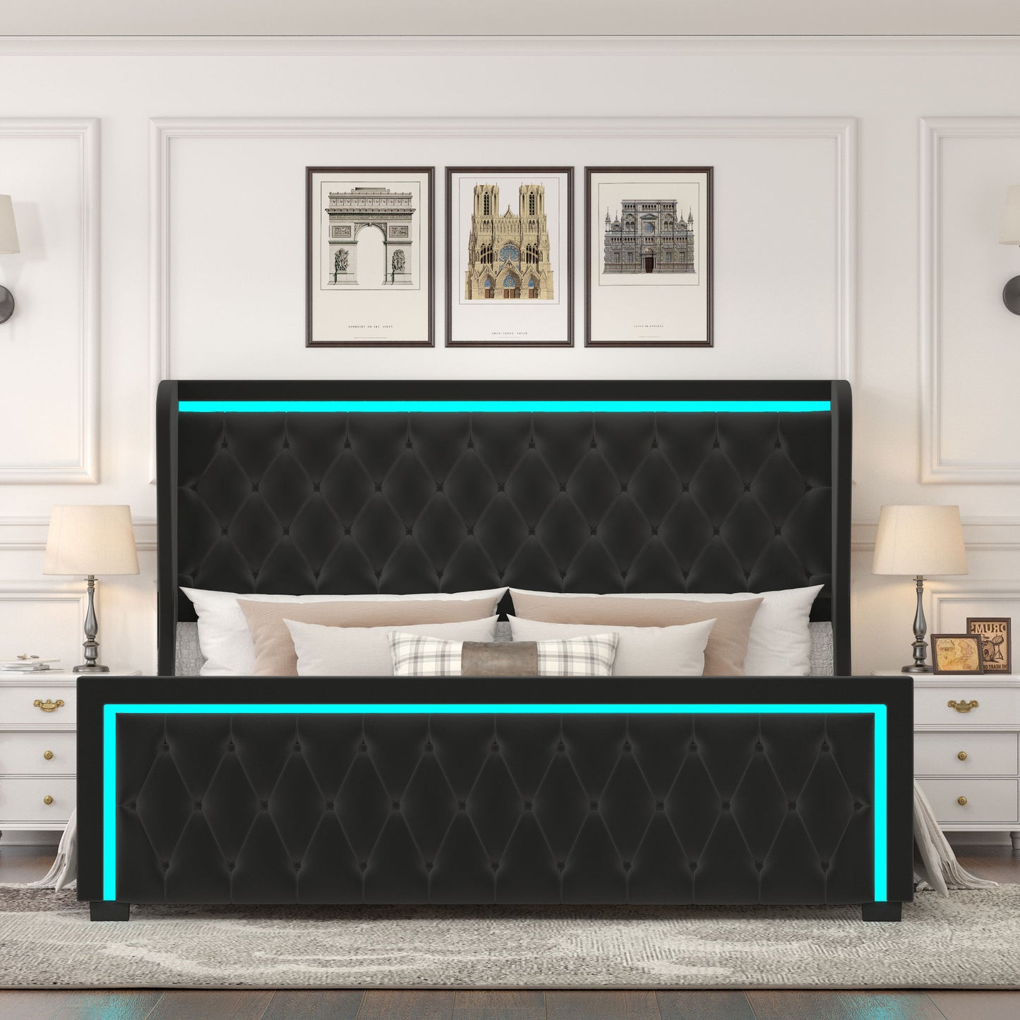 velvet upholstered bed with deep tufted buttons & adjustable colorful led light, black