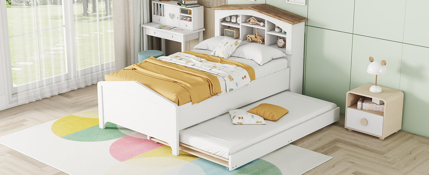 house-shaped bed with storage headboard and trundle, white