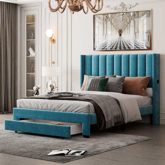 Velvet Upholstered Platform Bed with a Big Drawer - Blue