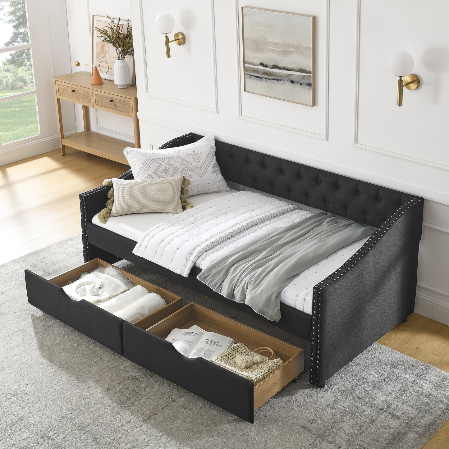 upholstered tufted sofa bed with drawers in black