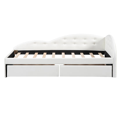 Upholstered Tufted Bed with Two Drawers and Cloud Shaped Guardrail, White