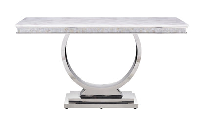 ACME Zander Sofa Table, White Printed Faux Marble & Mirrored Silver Finish
