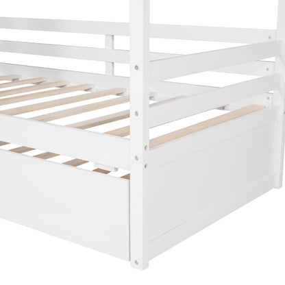 House Wood Bed with Twin Size Trundle