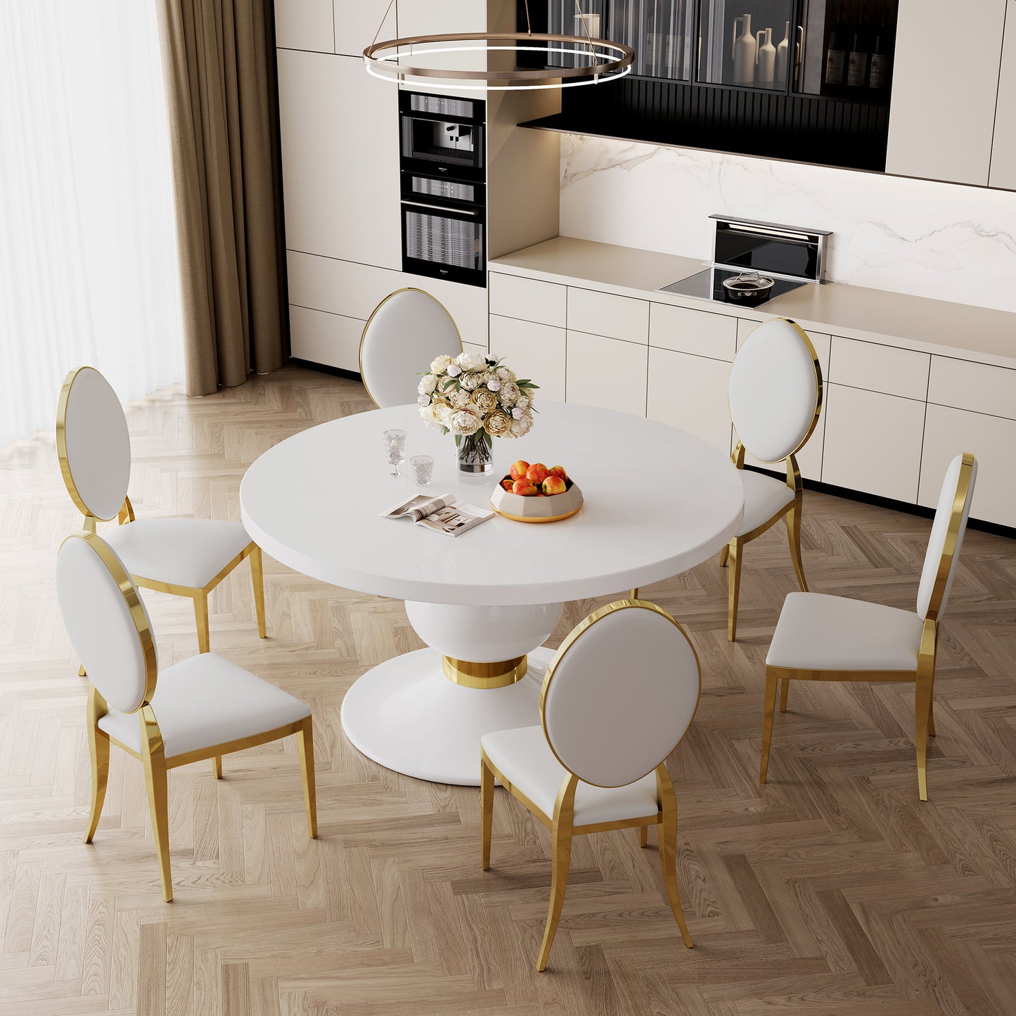 59" round white mdf dining table, base with gold finish stainless steel circle