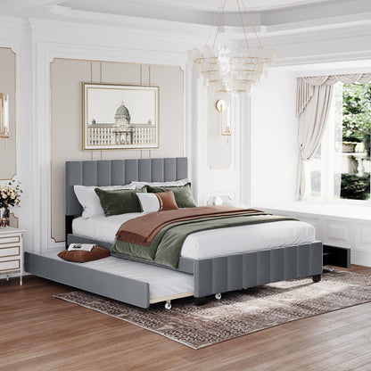 Elegant Velvet Upholstered Platform Bed with 2 Drawers and 1 Twin XL Trundle- Gray