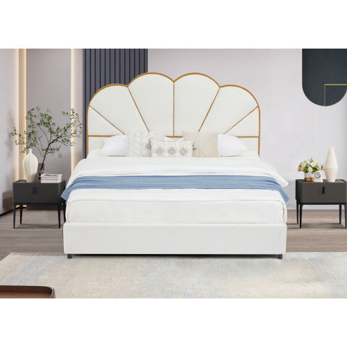 Upholstered Smart Platform Bed with 4-Drawers Strong Wood Slats, White