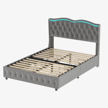 Velvet Upholstered Bed with Adjustable Colorful LED Light Decorative Headboard & Storage 4 Drawers, Grey