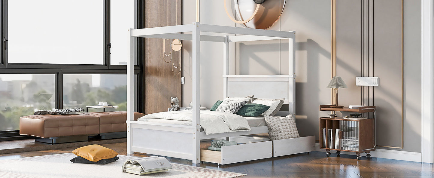 wood canopy bed with two drawers, white