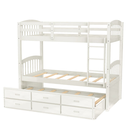 Twin over Twin Wood Bunk Bed with Trundle and Drawers,White