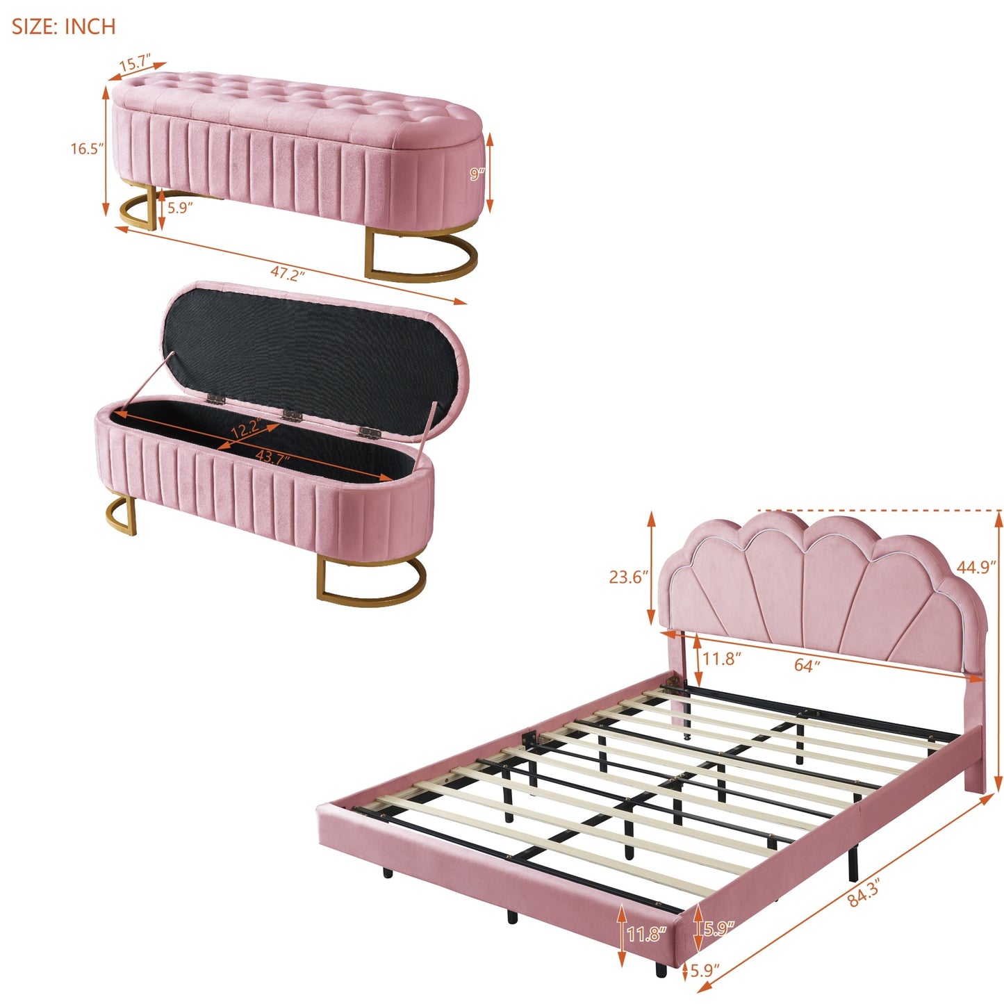 2-pieces upholstered led platform bed with storage ottoman-velvet