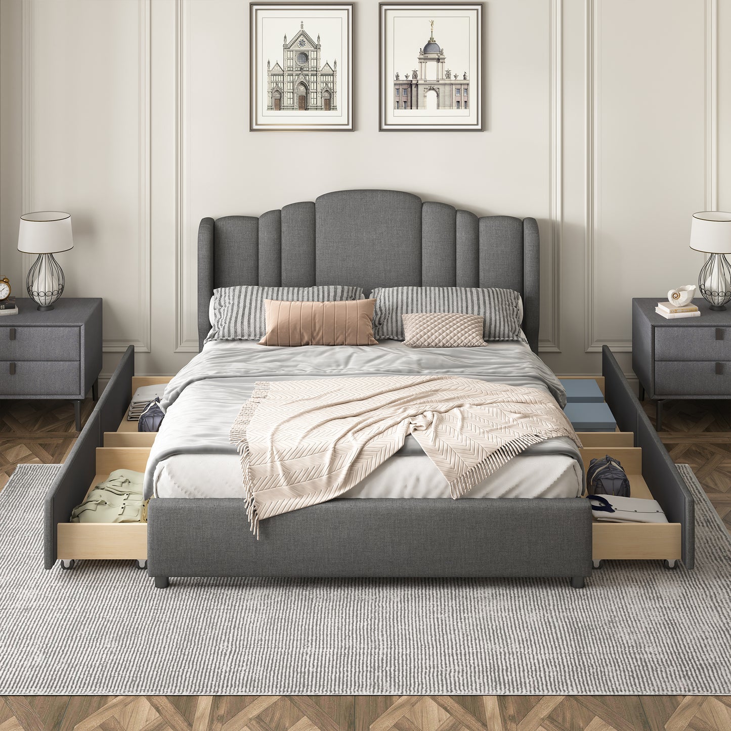 upholstered platform bed with wingback headboard and 4 drawers, gray