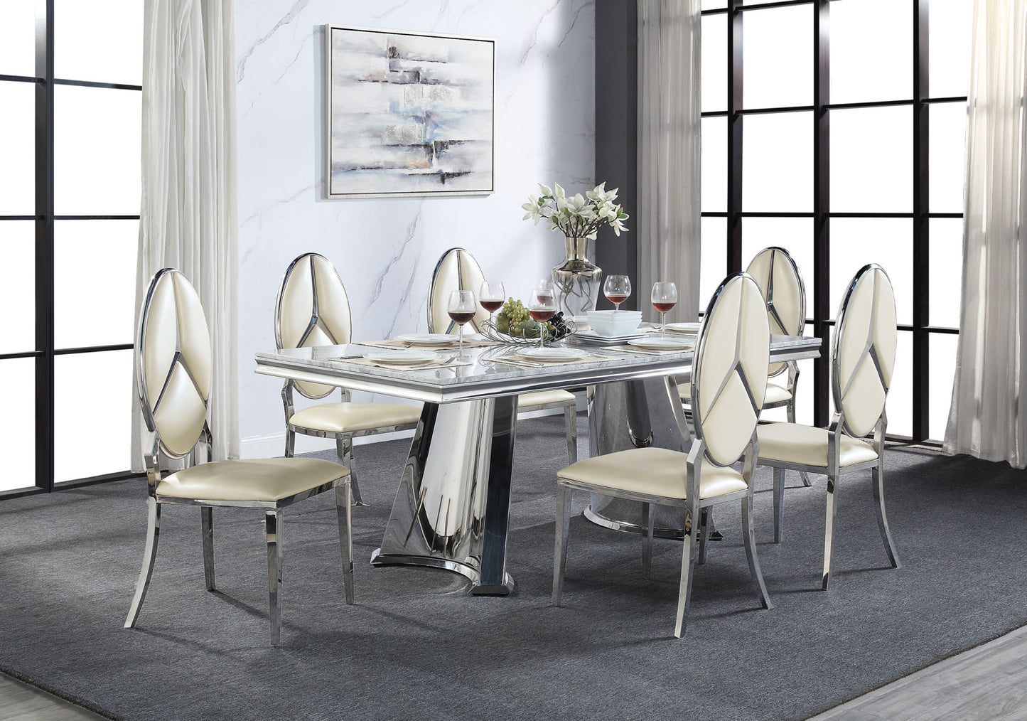 acme destry dining table, faux marble top & mirrored silver finish