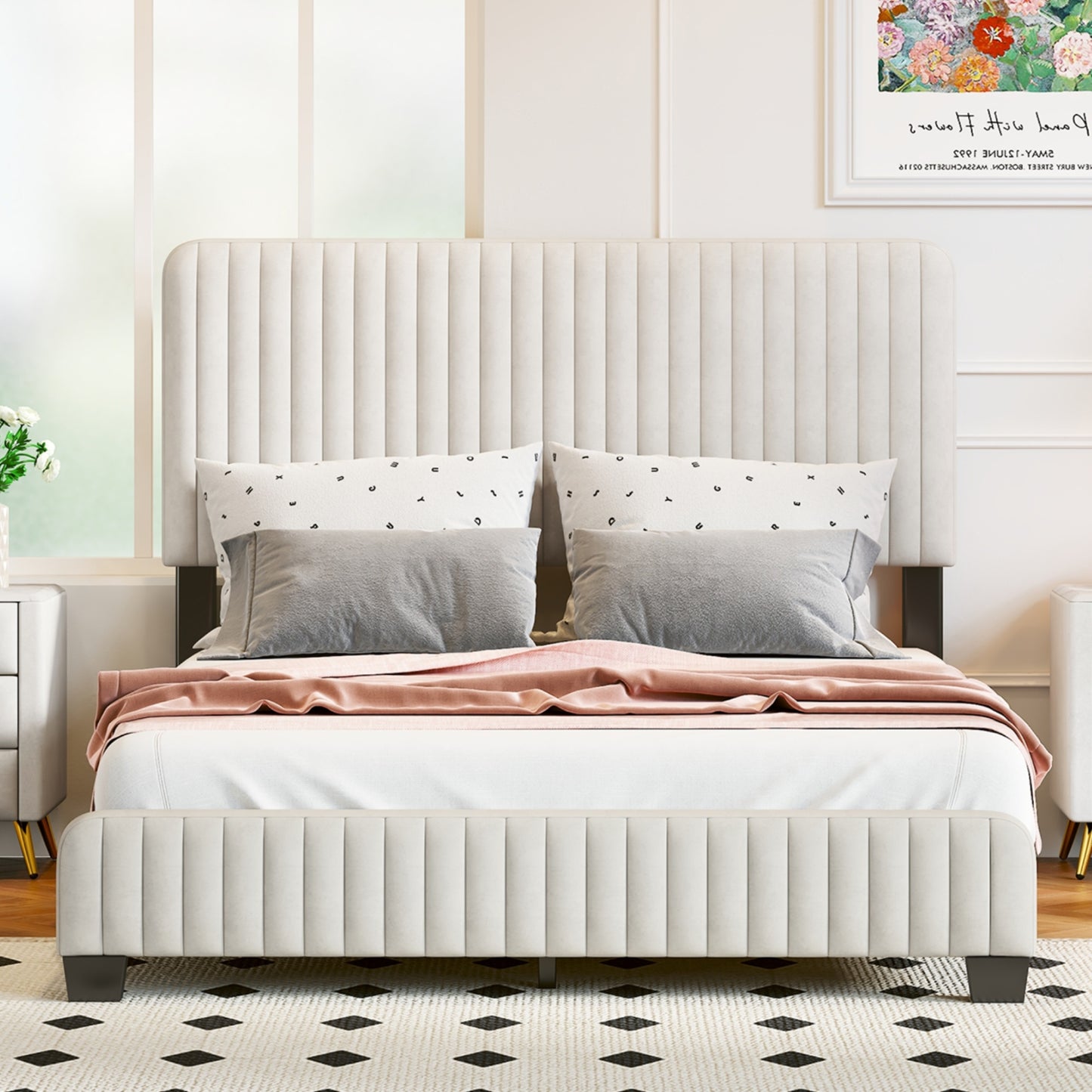 emily upholstered platform bed,beige