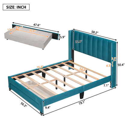 Danny Velvet Upholstered Platform Bed with a Big Drawer - Blue