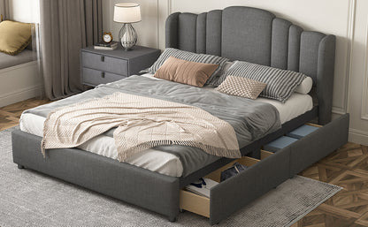 Upholstered Platform Bed with Wingback Headboard and 4 Drawers, Gray