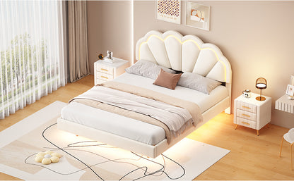 Floating Velvet Elegant Smart LED Platform Bed