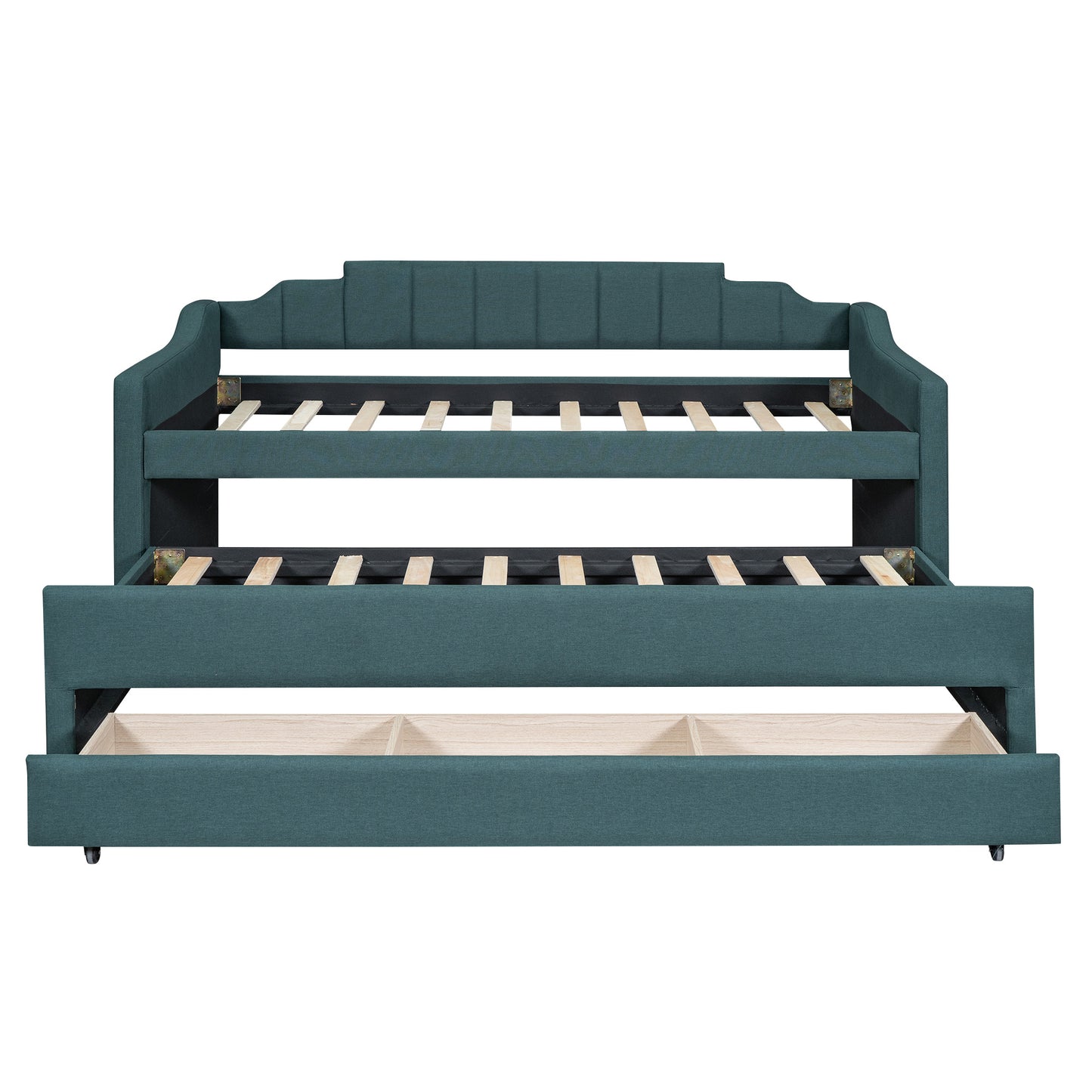 eli upholstered daybed with trundle and three drawers, green