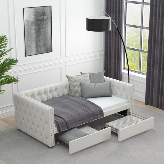 Velvet Upholstered Tufted Bed with Drawers, White