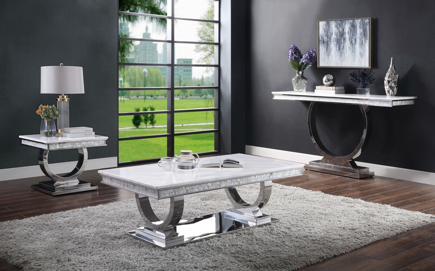 acme zander coffee table, white printed faux marble & mirrored silver finish
