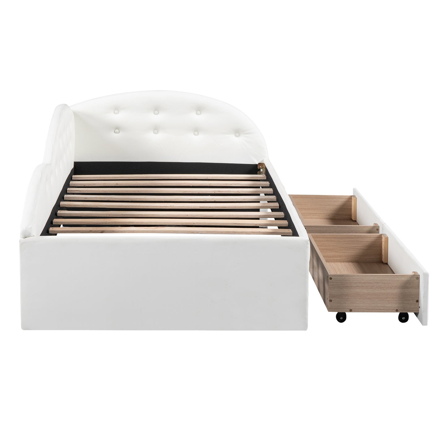 upholstered tufted bed with two drawers and cloud shaped guardrail, white